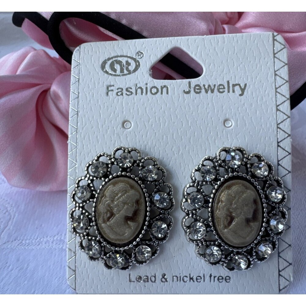 Lead & Nickel Free Tan Cream Cameo CZ Silver Tone Oval Earrings NEW W Gift Bag